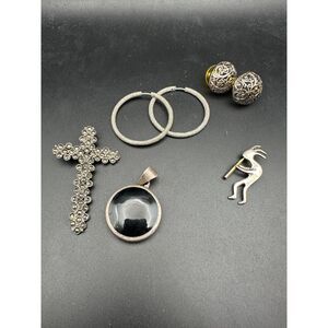 Lot of Vintage Sterling Silver - Hoop Earrings, Cross Pendant and Earrings